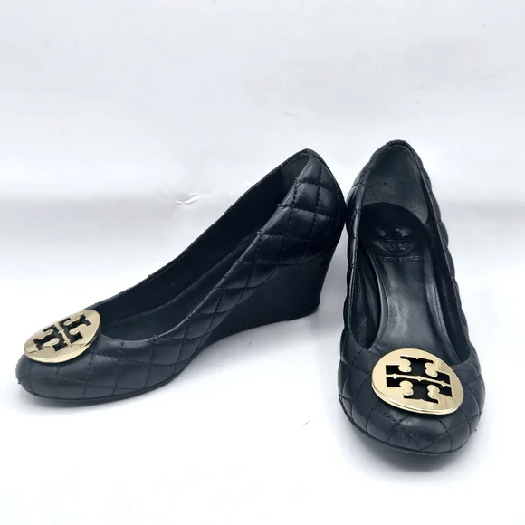 Tory Burch Black Quilted Wedges with Gold Logo - Picture 6 of 15